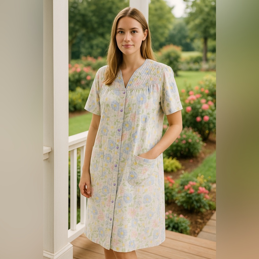 Vintage Vanity Fair Plus Size Floral House Dress Quilted Yoke Coastal Grandma